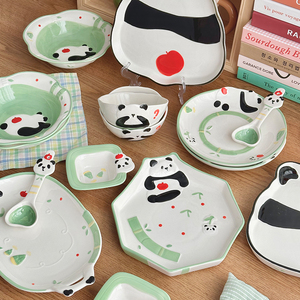 胡桃集市 可爱卡通陶瓷餐具套装釉下彩盘子饭碗创意熊猫鱼盘菜盘