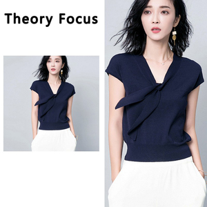 Theory Focus夏季冰丝短袖针织衫女短款V领薄款丝T恤衬衫内搭上衣
