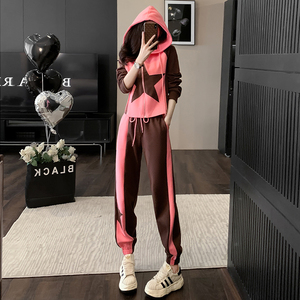 欧货粉色休闲运动套装女春秋季时尚网红炸街个性小个子卫衣两件套