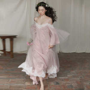 粉色晨袍女新娘高级感小众轻婚纱公主风仙气睡衣裙遮手臂结婚礼服