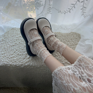 薄款奶白蕾丝花朵纯色甜美搭配银头鞋中筒网纱袜子好看袜子