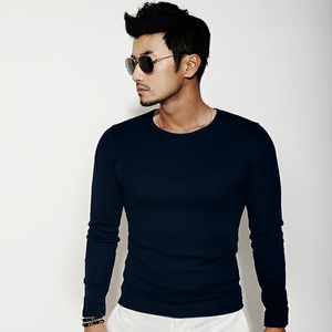 定制春季男士深蓝色圆领长袖T恤纯棉修身韩版打底衫纯色紧身上衣