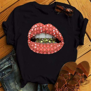 Sexy Lips Black Tshrit 欧美个性性感嘴唇印花短袖T恤女装夏季