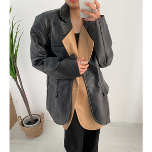 无瘾派韩国PU皮衣西装廓形高级感外套小众可拆卸拼接设计西服女男
