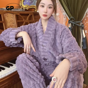 日系GP紫色加绒加厚珊瑚绒睡衣女秋冬季v领开衫可外穿家居服套装