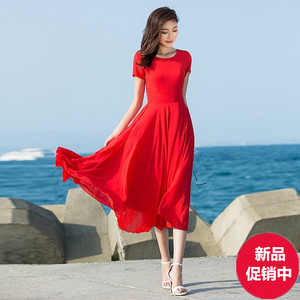 红色雪纺连衣裙女夏季小个子白色三亚沙滩裙海边度假拍照长裙超仙