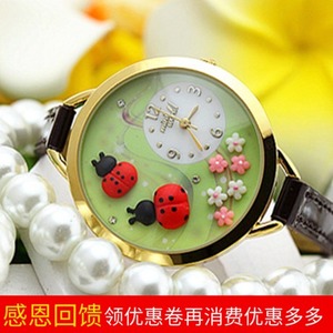 韩版MINIWORLD立体软陶卡通手表可爱时尚水钻女表七星瓢虫