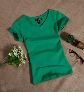 短袖t恤女装纯色桖血V领土丅贴身体恤修身紧身半截袖夏季上衣服
