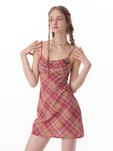 ziziFei夏季新款美式复古格纹收腰修身显瘦吊带红色格子连衣裙女