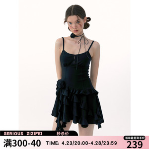 ziziFei夏设计感美式复古不规则玫瑰花海边度假黑色吊带连衣裙女