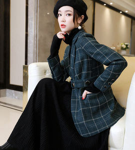 日本女装2024秋冬新款墨绿格纹可脱卸腰带两穿羊毛修身西装外套女