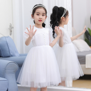 2024新款女童连衣裙夏装蓬蓬纱裙白色泡泡袖仙女裙子小女孩公主裙
