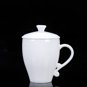 陶瓷杯带盖个人杯羊脂玉白瓷会议杯办公杯子纯白色马克杯定制logo