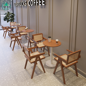 网红咖啡店编藤椅奶茶甜品店桌子专用日式茶餐厅实木桌椅组合商用