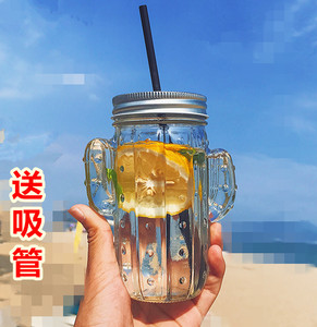 创意小清新仙人掌造型吸管玻璃水杯夏季家用果汁冷饮梅森公鸡杯子