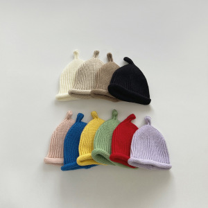 婴儿帽子秋冬季韩版纯色奶嘴针织帽男女童百搭套头帽宝宝毛线帽
