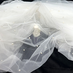 3米宽钉珠网纱布料珍珠纱幔白色蕾丝面料婚纱装饰纱布摄影背景布