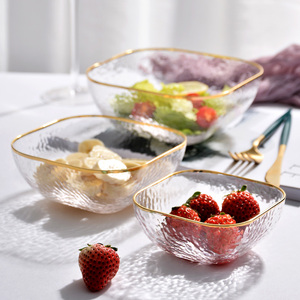 ins风沙拉碗创意餐具锤纹透明玻璃碗单个家用水果盘子甜品碗方形
