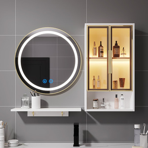 卫生间实木镜柜轻奢圆形智能镜子单独挂墙式浴室带灯玻璃门置物架
