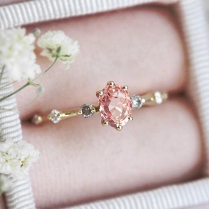 天然粉色蓝宝石戒指女求婚订婚戒指礼物18K金韩系天然钻石戒指