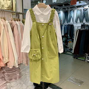 春季女新款圆领长袖衬衫加吊带连衣裙两件套带包包时尚韩版小清新