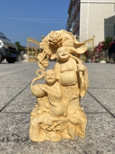黄杨木雕和合二圣佛像摆件创意实木雕刻居家客厅装饰人物工艺礼品
