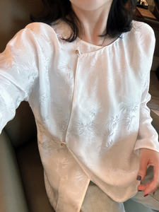 国风新中式也可以俏皮时髦古典优雅竹叶缎面提花真丝上衣小衫衬衫