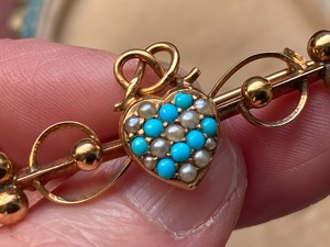 乌鸦老物 维多利亚 浪漫时期 9K黄金 绿松石种子珍珠古董胸针a963