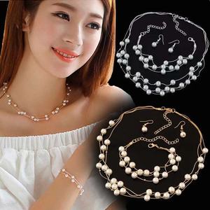 0553精品韩版时尚 甜美OL优雅珍珠多层简洁气质项链 耳环手链套装