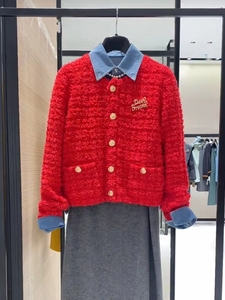 欧阿玛施女装2024早春新款圆领小香风针织开衫短外套过年红色上衣