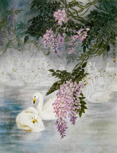 印花DMC十字绣客厅卧室玄关竖版走廊挂画动物风景紫藤花与白天鹅