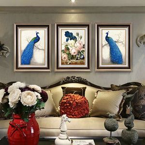 印花DMC十字绣客厅卧室装饰画欧式风格动物三联画富贵孔雀牡丹