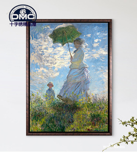 精准印花DMC十字绣客厅餐厅玄关竖版莫奈艺术画油画撑阳伞的女人