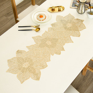 北欧轻奢PVC桌旗 纯色烫金ins西餐垫长款 创意不规则花卉镂空桌垫
