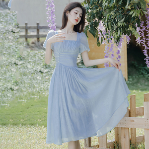 法式赫本风复古温柔蓝色雪纺连衣裙泡泡袖公主裙高端气质仙女长裙