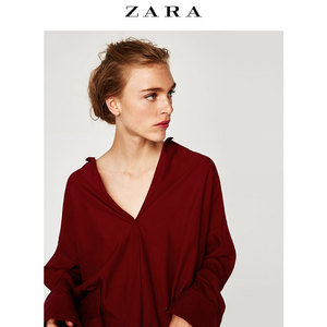 ZARA 女装新款春秋季POLO衫领垂性罩衫长袖衬衫暗红色299元购入