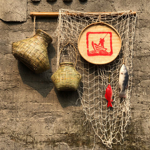 竹编复古墙面挂件农家墙饰鱼笼鱼笼仿真鱼装饰品渔家文化餐厅挂饰