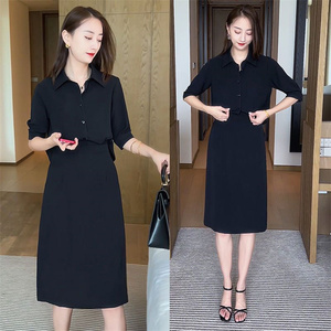 韩式假两件中袖连衣裙女2024夏季新款时尚气质收腰显瘦宽松A字裙