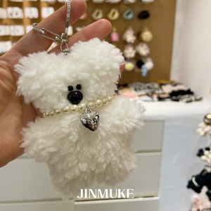 JINMUKE韩国饰品进口可爱卷毛小熊珍珠爱心项链钥匙扣包包挂件新