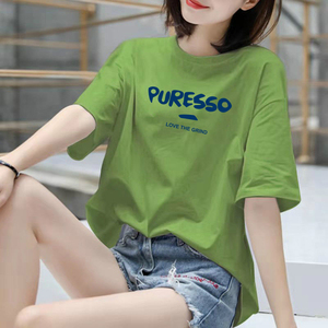 纯棉果绿色t恤女短袖宽松字母圆领体恤女韩版简约新款大码上衣潮