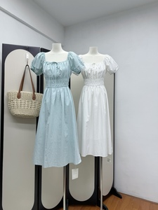 衣印象24夏季新款法式小清新方领纯色连衣裙收腰显瘦A字长裙9813