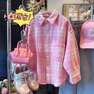 女童套装春秋款2024新款大童甜美粉色格子衬衫长袖女孩春装两件套