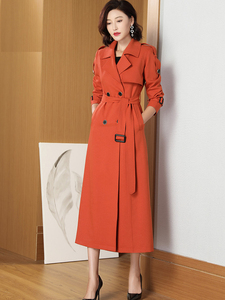 橘红色长款风衣女2024春季新款气质今年流行外套修身显瘦时尚大衣