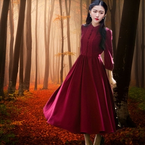 法式复古秋冬新款款女装清新红色甜美少女修身连衣裙加厚大摆长裙