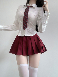 韩式JK制服收腰衬衫女长袖美式学院风马甲百褶裙套装白色衬衣短袖