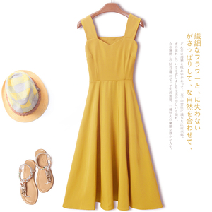 黄色无袖连衣裙女夏法式裙子复古背带裙温柔气质雪纺宽肩带吊带裙