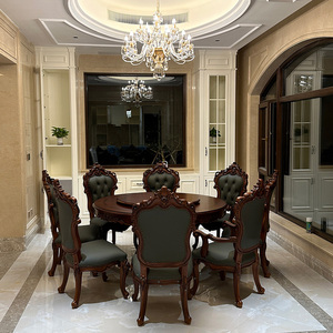 欧式实木餐桌餐椅 新古典别墅客厅奢华雕花柚木色8人圆桌组合家具