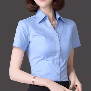 2024夏季新款V领蓝色衬衫女短袖职业装正装工作服韩版白色衬衣女
