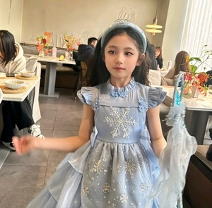 2024夏季新款女童高定儿童蓝色连衣裙冰雪奇缘lolita艾莎公主裙子