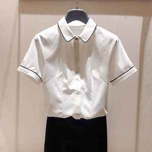 2024夏装新款小腾阿玛施月商场同款娃娃领短袖衬衫女白色职业衬衣